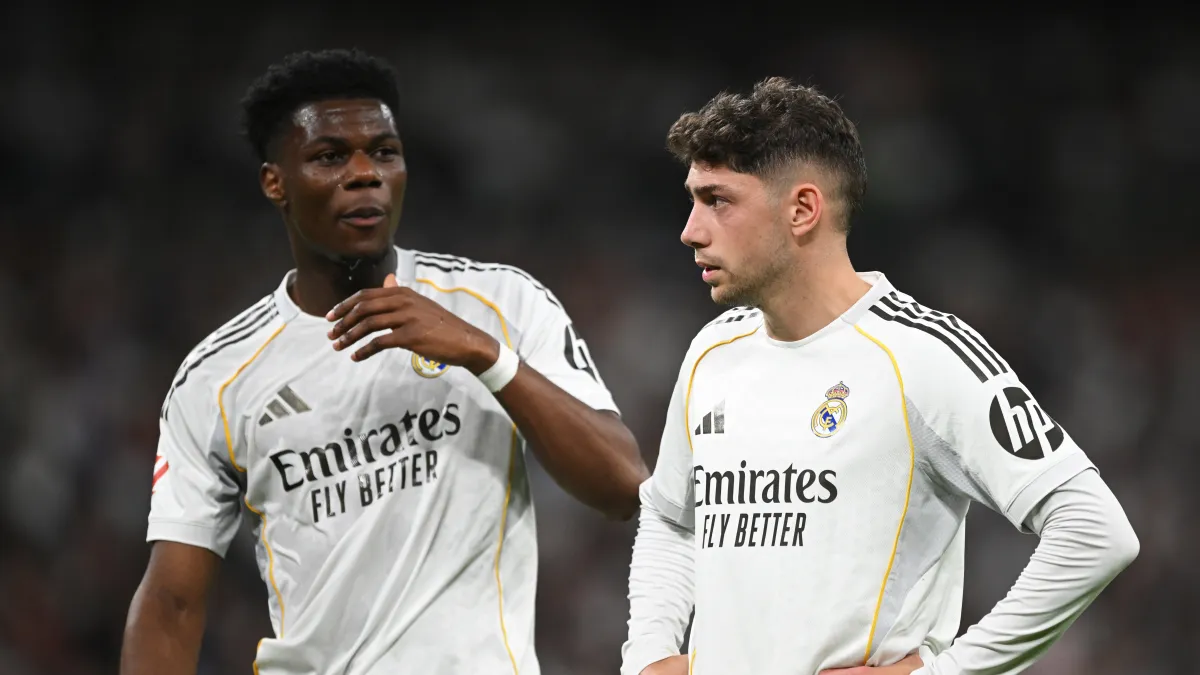 Aurelien Tchouameni and Federico Valverde of Real Madrid