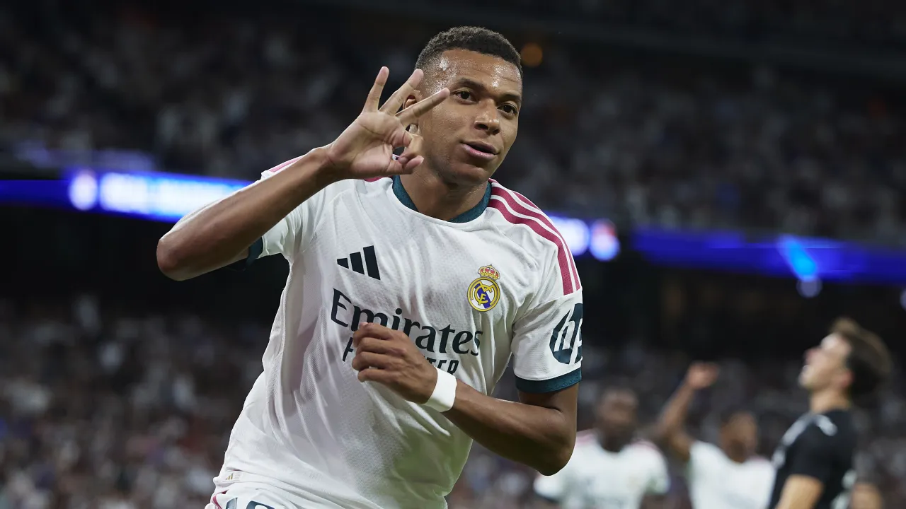 Kylian Mbappe of Real Madrid after scoring a hat-trick